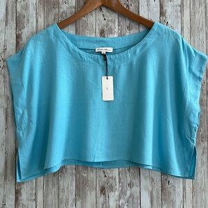 Hunter & Brown Women's Oversized Boxy Cropped Top sz Large Blue Jet Lagged Rayon